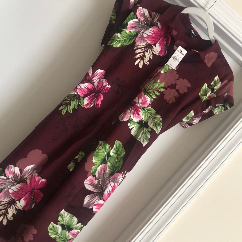 Express Maroon floral button down dress